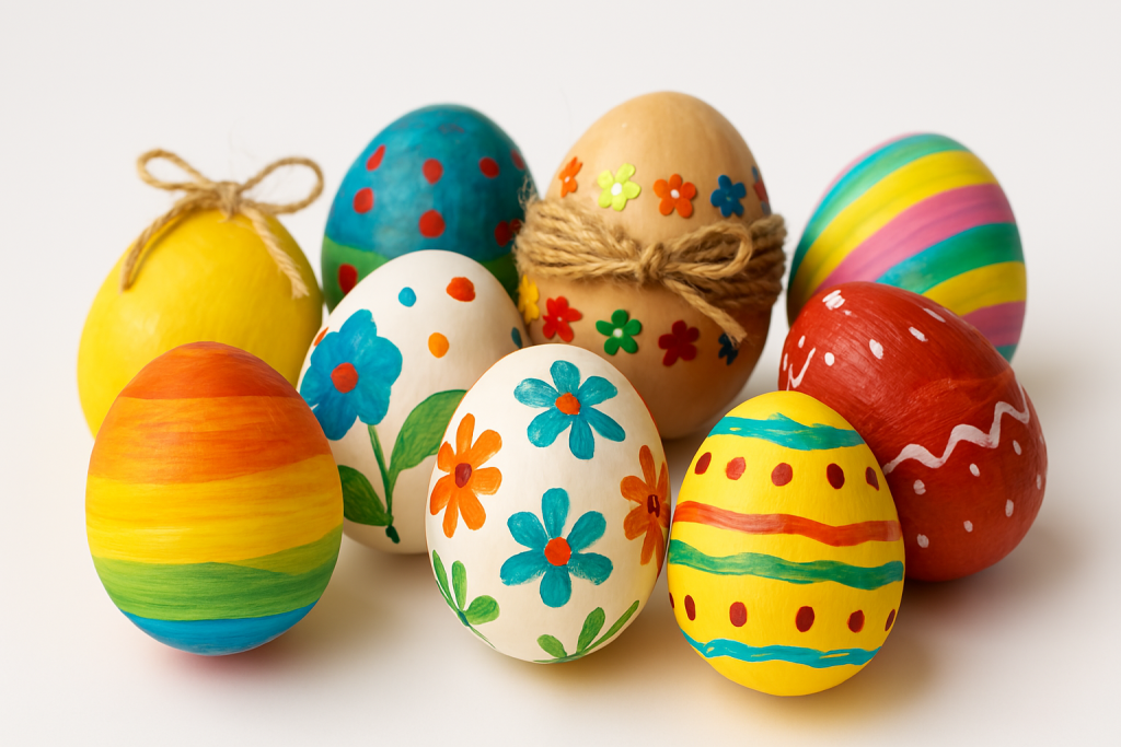 Acht kunstvoll verzierte Ostereier liegen auf weißem Hintergrund. Jedes Ei ist individuell gestaltet – mit bunten Farben, Mustern, Glitzer oder Naturmaterialien – und zeigt die kreative Vielfalt traditioneller Osterdekoration.