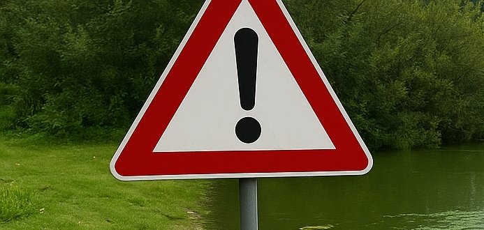 Warnschild mit Ausrufezeichen steht am Rand eines Gewässers mit grünlicher Wasseroberfläche.