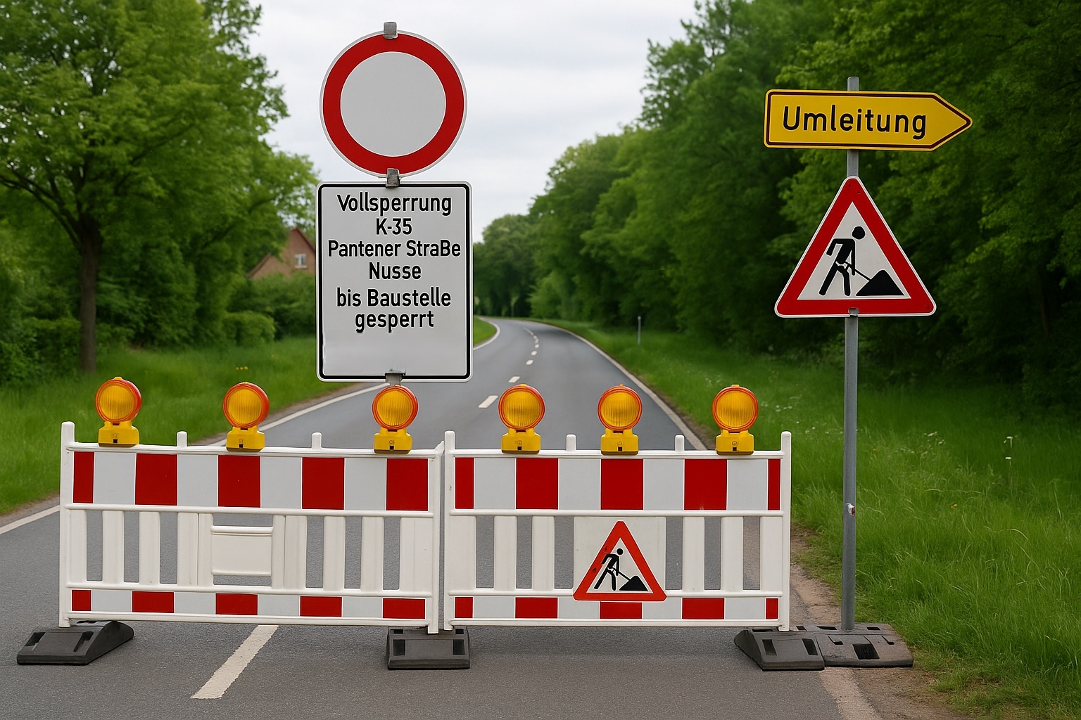 Straßenabsperrung mit Warnbaken und Schild „Vollsperrung K-35 Pantener Straße Nusse bis Baustelle gesperrt“, daneben ein Umleitungsschild.