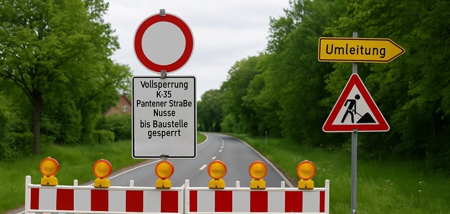 KI-generiertes Bild Straßenabsperrung mit Warnbaken und Schild „Vollsperrung K-35 Pantener Straße Nusse bis Baustelle gesperrt“, daneben ein Umleitungsschild.