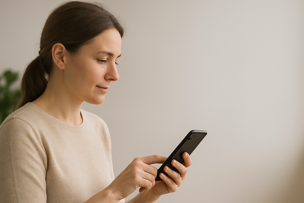 rau blickt auf ihr Smartphone und tippt auf den Bildschirm.