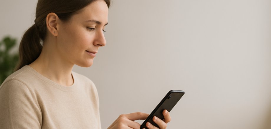 rau blickt auf ihr Smartphone und tippt auf den Bildschirm.