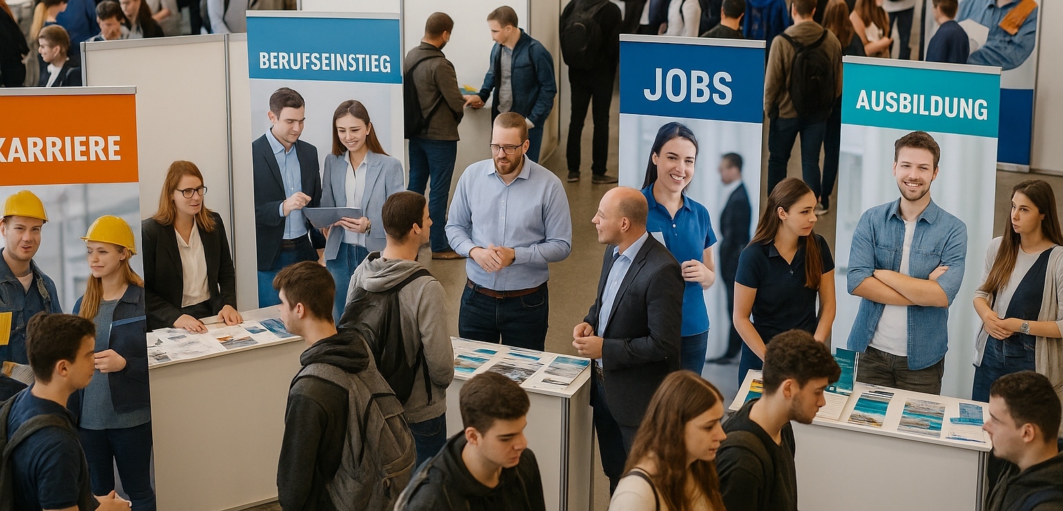 KI-generiertes Bild Das Foto zeigt eine Berufsmesse in einer großen Halle. An mehreren Ständen stehen Unternehmensvertreter, die sich mit jungen Menschen unterhalten. Auf großen Roll-up-Bannern stehen Wörter wie ‚Karriere‘, ‚Berufseinstieg‘, ‚Jobs‘ und ‚Ausbildung‘. Die Atmosphäre wirkt lebhaft und informativ. Es handelt sich um ein KI-generiertes Bild