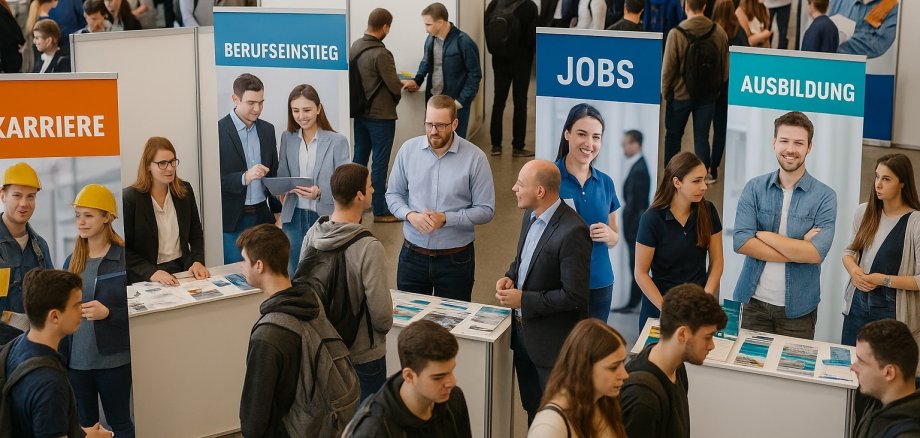 KI-generiertes Bild Das Foto zeigt eine Berufsmesse in einer großen Halle. An mehreren Ständen stehen Unternehmensvertreter, die sich mit jungen Menschen unterhalten. Auf großen Roll-up-Bannern stehen Wörter wie ‚Karriere‘, ‚Berufseinstieg‘, ‚Jobs‘ und ‚Ausbildung‘. Die Atmosphäre wirkt lebhaft und informativ. Es handelt sich um ein KI-generiertes Bild