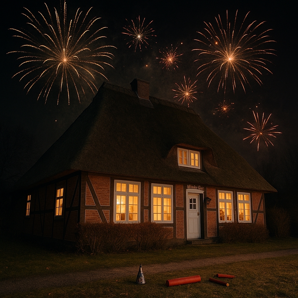 Ein traditionelles Reetdachhaus bei Nacht, dessen Fenster warm erleuchtet sind. Über dem Gebäude explodiert farbiges Silvesterfeuerwerk am Himmel. Auf dem Boden vor dem Haus liegen abgebrannte Feuerwerkskörper und Böller. Die Szene wirkt festlich, verdeutlicht aber gleichzeitig die besondere Brandgefahr für Gebäude mit Reet- oder Weichdach zu Silvester.