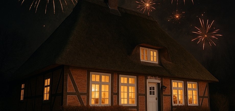 Ein traditionelles Reetdachhaus bei Nacht, dessen Fenster warm erleuchtet sind. Über dem Gebäude explodiert farbiges Silvesterfeuerwerk am Himmel. Auf dem Boden vor dem Haus liegen abgebrannte Feuerwerkskörper und Böller. Die Szene wirkt festlich, verdeutlicht aber gleichzeitig die besondere Brandgefahr für Gebäude mit Reet- oder Weichdach zu Silvester.