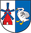 Wappen der Gemeinde Labenz mit einer roten Windmühle und einem weißen Schwan auf blauem Grund.