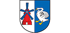 Wappen der Gemeinde Labenz mit einer roten Windmühle und einem weißen Schwan auf blauem Grund.