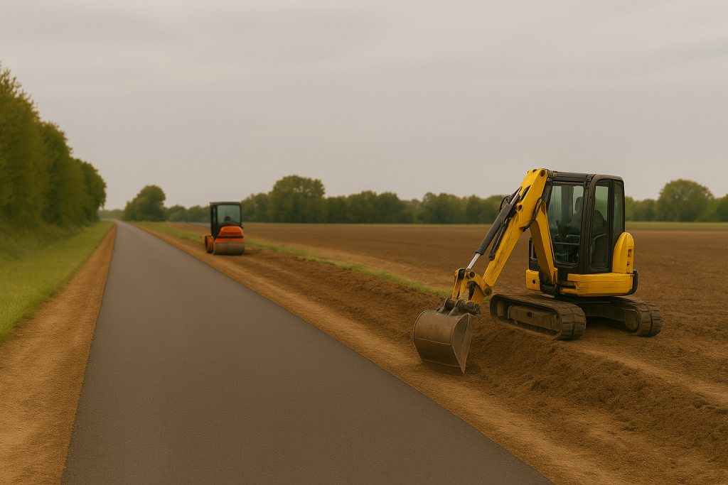 Gelber Bagger und Straßenwalze arbeiten an einem neuen Radweg neben einer Landstraße.