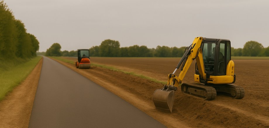 Gelber Bagger und Straßenwalze arbeiten an einem neuen Radweg neben einer Landstraße.