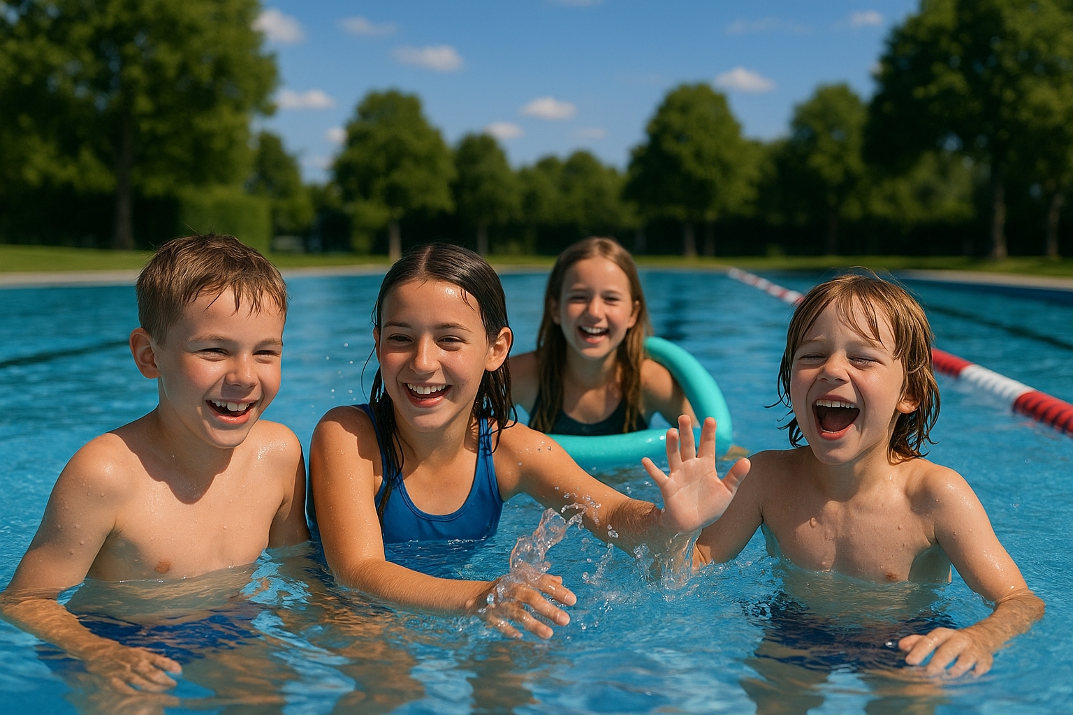 Vier Kinder haben Spaß beim Spielen und Planschen im Freibad an einem sonnigen Tag.