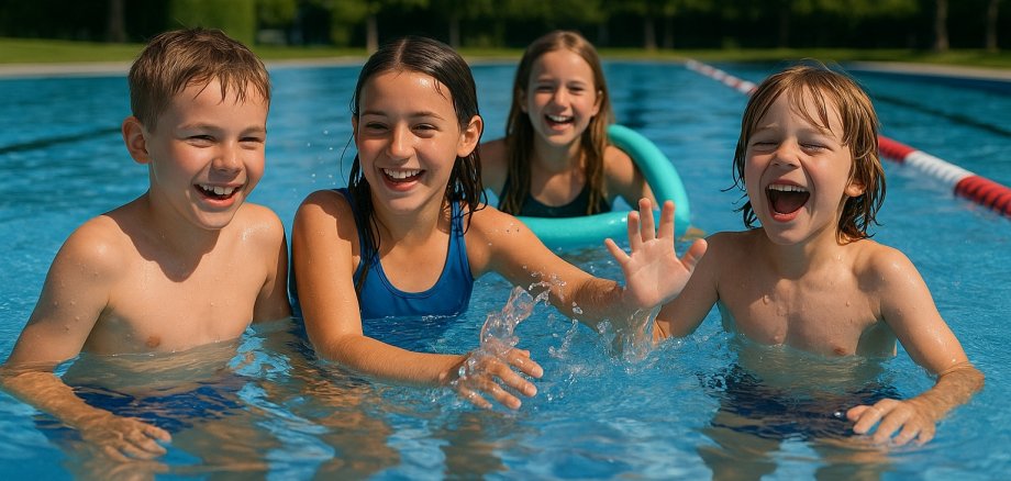 Vier Kinder haben Spaß beim Spielen und Planschen im Freibad an einem sonnigen Tag.
