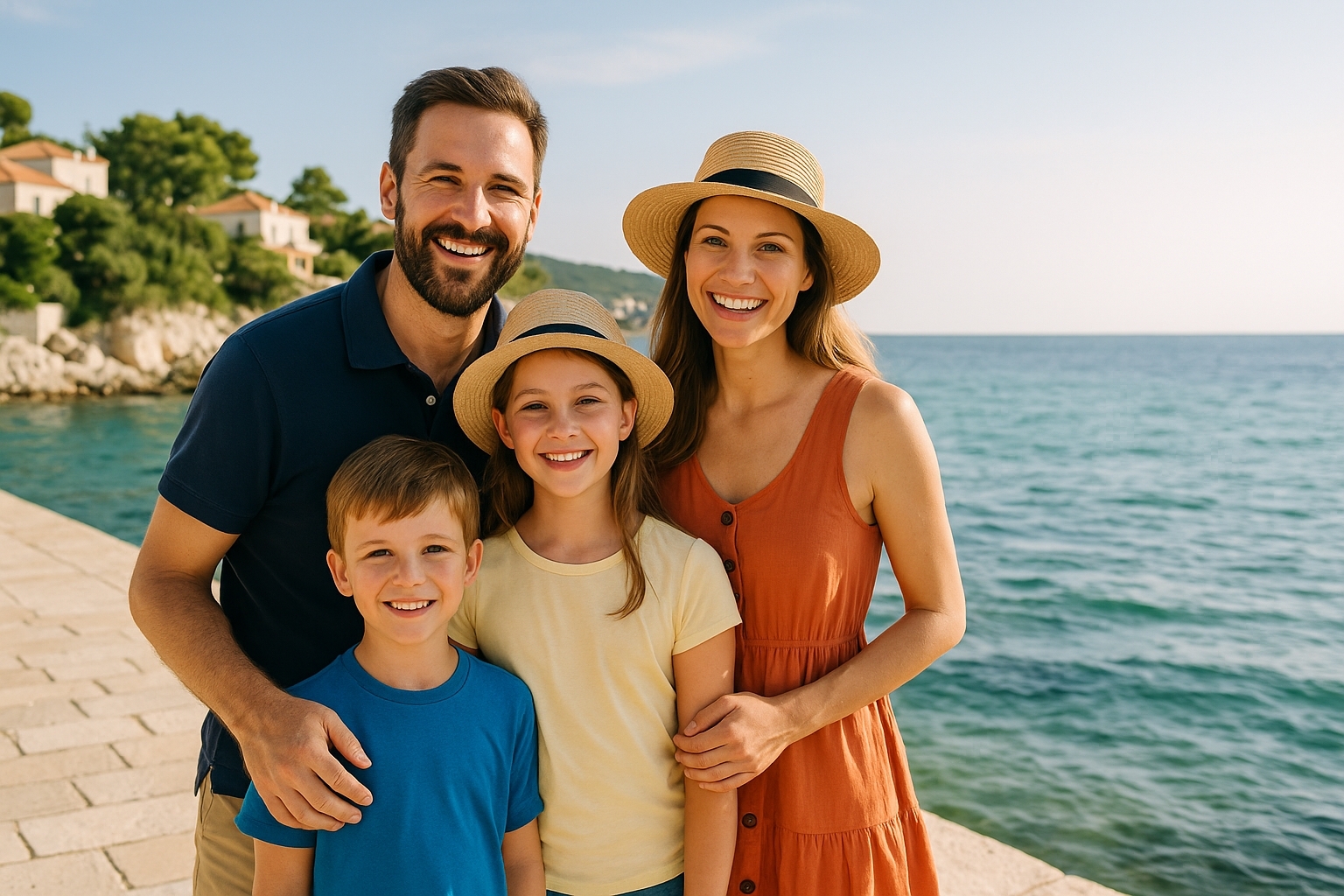 Eine fröhliche Familie mit zwei Kindern steht am Meer und genießt den Sonnenschein während des Urlaubs.