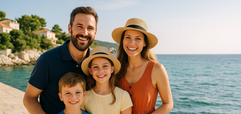 Eine fröhliche Familie mit zwei Kindern steht am Meer und genießt den Sonnenschein während des Urlaubs.