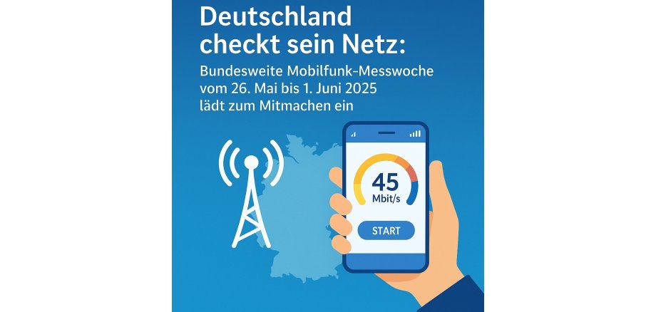 Illustration zur bundesweiten Mobilfunk-Messwoche 2025: Eine Hand hält ein Smartphone mit einer Anzeige von 45 Mbit/s und einem Start-Button. Im Hintergrund sind eine stilisierte Deutschlandkarte sowie ein Mobilfunkmast-Symbol zu sehen. Text: ‚Deutschland checkt sein Netz – Bundesweite Mobilfunk-Messwoche vom 26. Mai bis 1. Juni 2025 lädt zum Mitmachen ein‘.