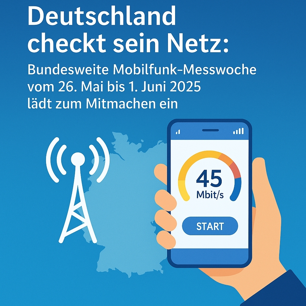 Die Grafik zeigt den Slogan „Deutschland checkt sein Netz“ sowie den Hinweis auf die bundesweite Mobilfunk-Messwoche vom 26. Mai bis 1. Juni 2025. Eine Hand hält ein Smartphone, auf dem eine Internetgeschwindigkeit von 45 Mbit/s angezeigt wird – unterhalb ein Button mit der Aufschrift „Start“. Links daneben ist ein stilisierter Mobilfunkmast vor einer hellblauen Deutschlandkarte dargestellt. Die Darstellung soll Bürgerinnen und Bürger dazu motivieren, aktiv an der Erhebung von Mobilfunkdaten teilzunehmen.