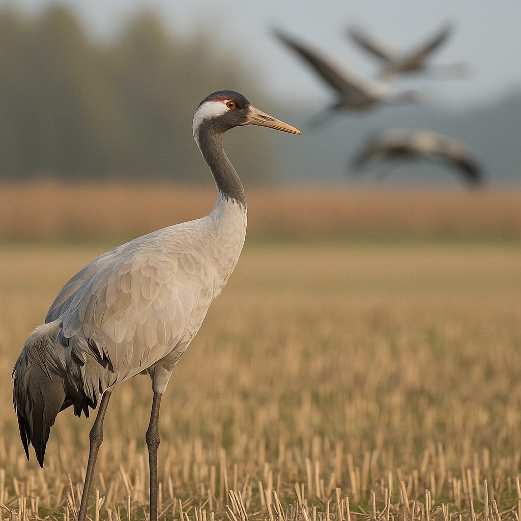 Kranich steht auf Wiese, weitere Kraniche fliegen im Hintergrund über die norddeutsche Landschaft.