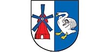 Wappen der Gemeinde Labenz mit einer roten Windmühle und einem weißen Schwan auf blauem Grund.