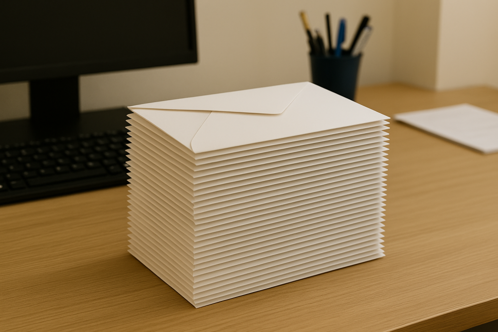 KI generiertes Bild Ein Stapel weißer Briefumschläge liegt ordentlich auf einem hellen Holzschreibtisch. Im Hintergrund sind unscharf ein Computer, eine Tastatur und ein Stiftehalter zu sehen.