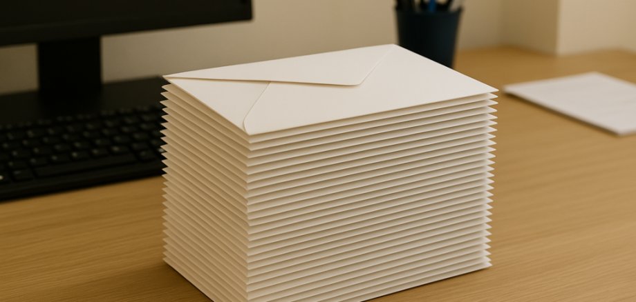 KI generiertes Bild Ein Stapel weißer Briefumschläge liegt ordentlich auf einem hellen Holzschreibtisch. Im Hintergrund sind unscharf ein Computer, eine Tastatur und ein Stiftehalter zu sehen.