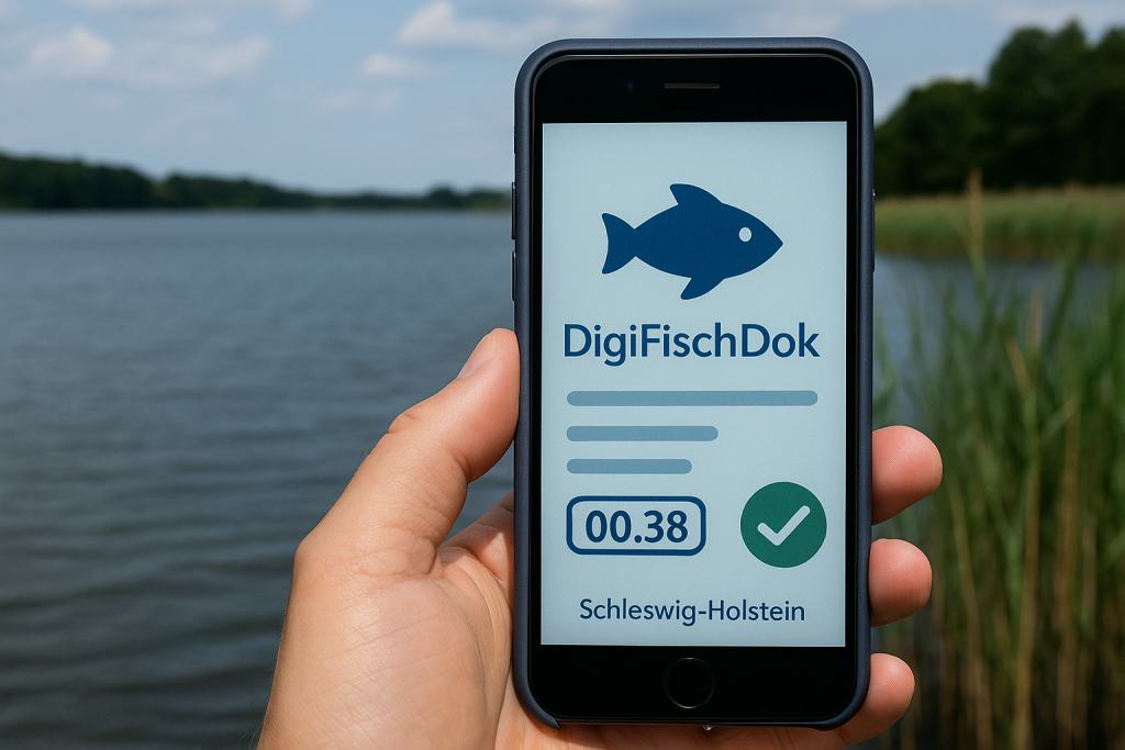 DigiDokFisch Hand hält ein Smartphone mit geöffneter App „DigiFischDok“ vor einem See.