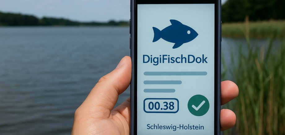 DigiDokFisch Hand hält ein Smartphone mit geöffneter App „DigiFischDok“ vor einem See.
