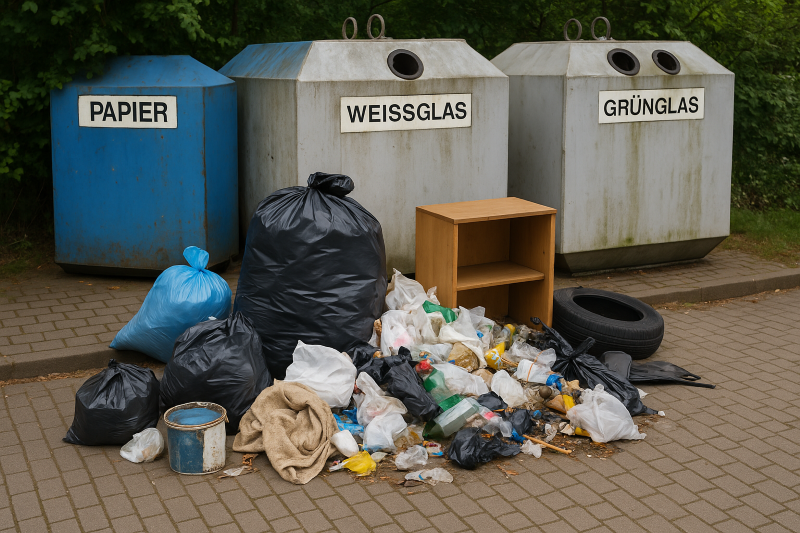 KI generiertes Bild Müllhaufen mit Säcken, Flaschen und Sperrmüll vor Altglas- und Papiercontainern.