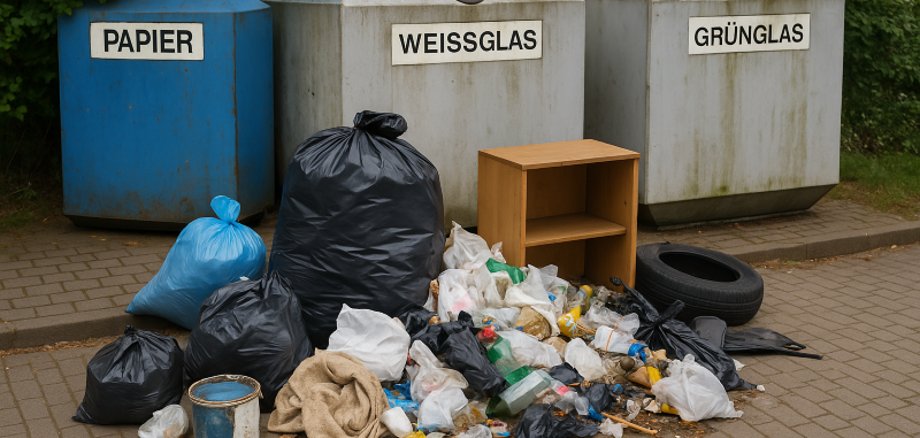 Müllhaufen mit Säcken, Flaschen und Sperrmüll vor Altglas- und Papiercontainern.