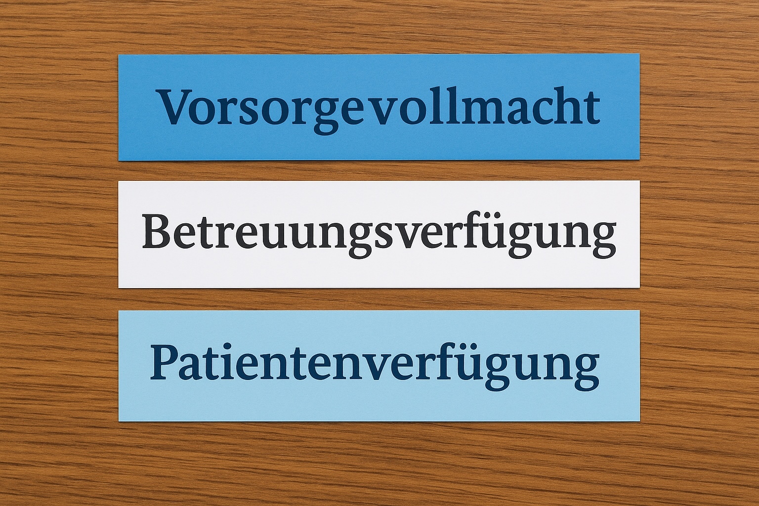 Drei farbige Papierstreifen mit den Aufschriften ‚Vorsorgevollmacht‘, ‚Betreuungsverfügung‘ und ‚Patientenverfügung‘ liegen nebeneinander auf einer Holzoberfläche. Die Streifen sind in Blau- und Weißtönen gehalten.