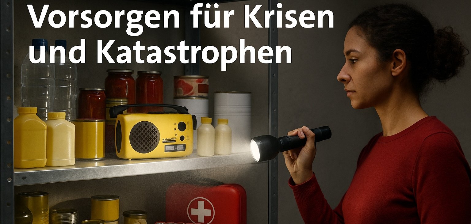 Frau beleuchtet mit Taschenlampe Vorräte in einem Regal mit Lebensmitteln, Wasser, Radio und Erste-Hilfe-Set. Text: „Vorsorgen für Krisen und Katastrophen“.