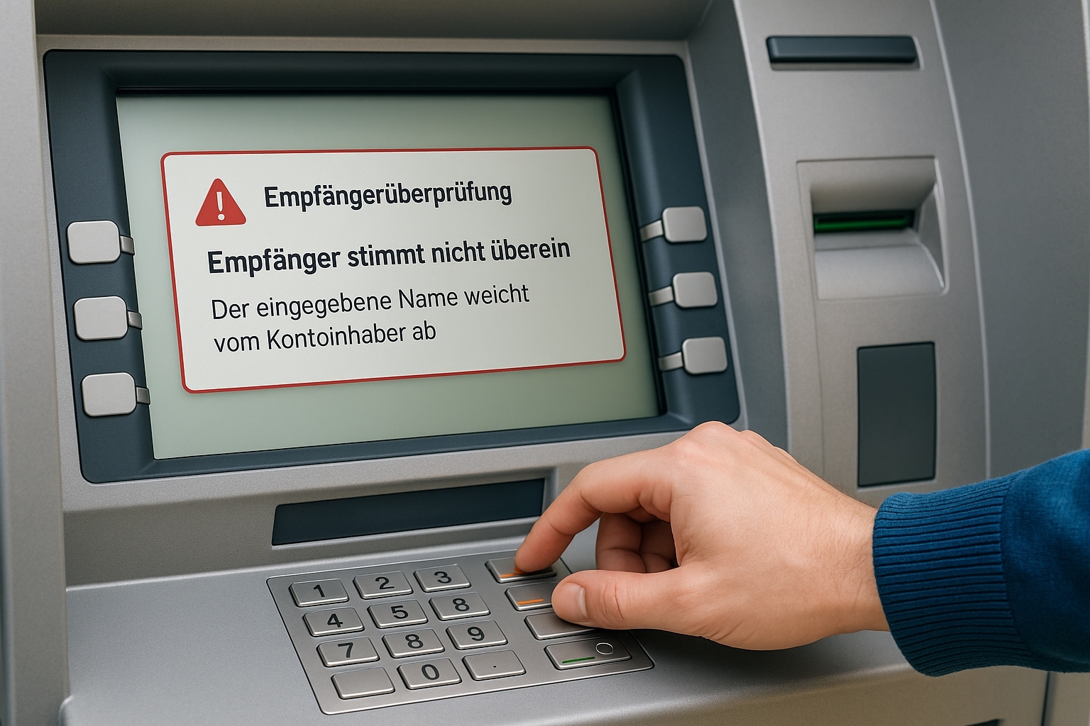 KI-generiertes Bild Eine Hand bedient ein Überweisungsterminal, auf dem Bildschirm erscheint ein Hinweis zur Empfängerüberprüfung bei einer Überweisung.