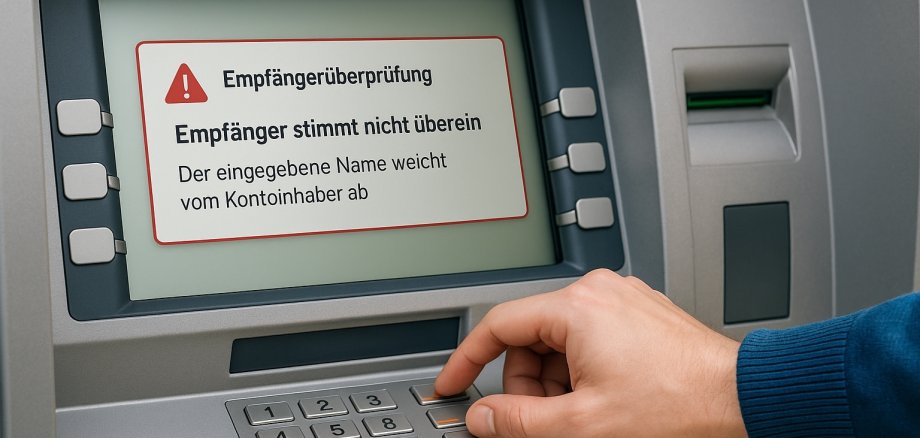 Eine Hand bedient ein Überweisungsterminal, auf dem Bildschirm erscheint ein Hinweis zur Empfängerüberprüfung bei einer Überweisung.