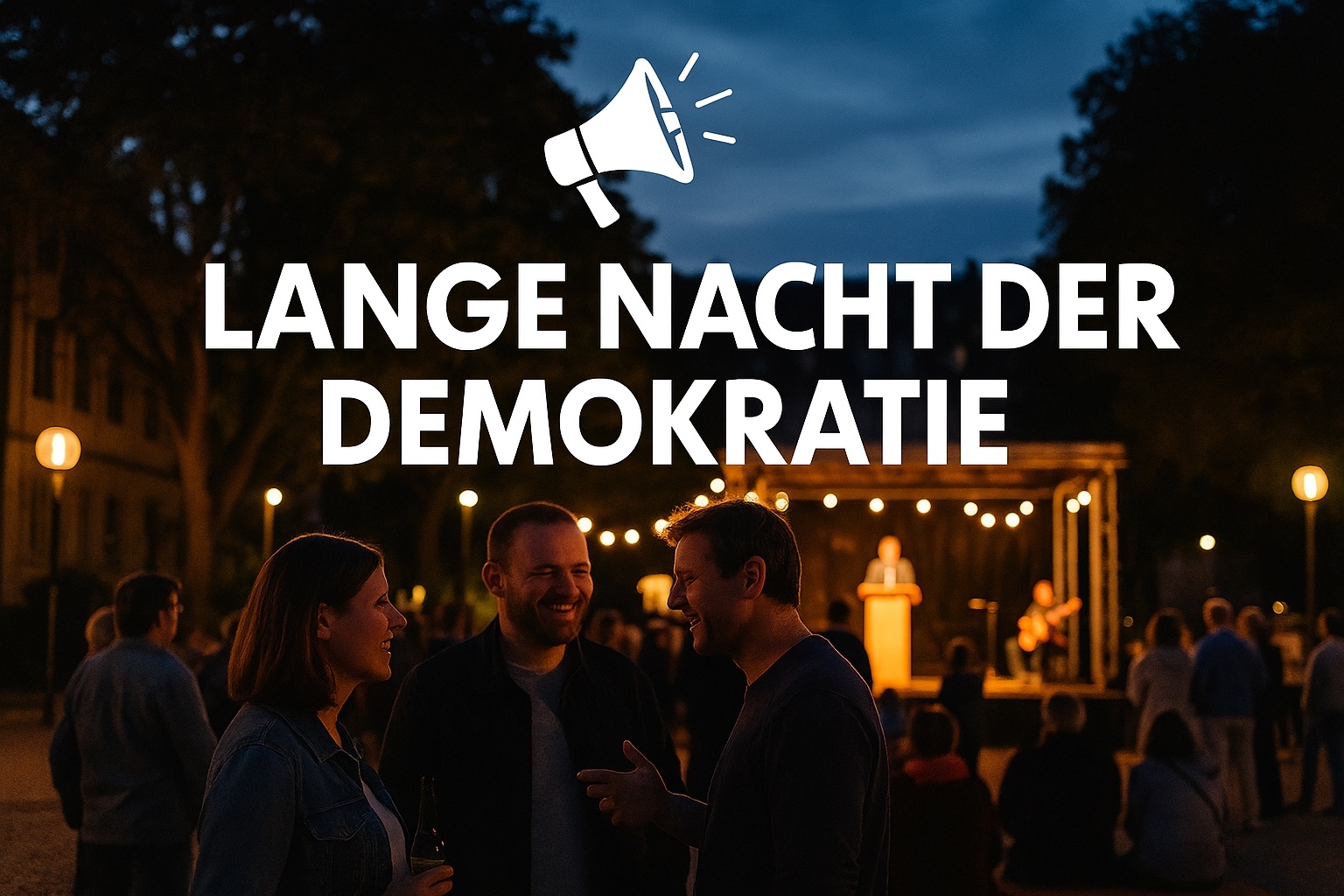 KI-generiertes Bild Menschen unterhalten sich am Abend vor einer Bühne mit Redner und Musiker, darüber steht der Schriftzug „Lange Nacht der Demokratie“.