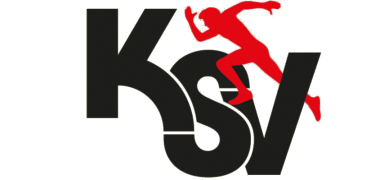 Logo des Kreissportverbands Herzogtum Lauenburg mit schwarzem Schriftzug KSV und roter laufender Figur.