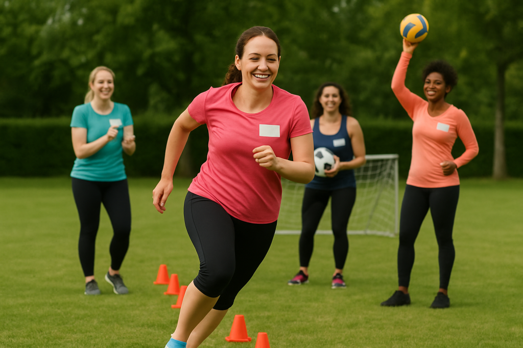 KI-generiertes Bild Vier Frauen treiben gemeinsam Sport im Freien, eine läuft durch Hütchen, andere feuern sie an.