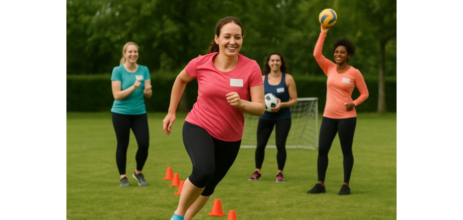 Vier Frauen treiben gemeinsam Sport im Freien, eine läuft durch Hütchen, andere feuern sie an.