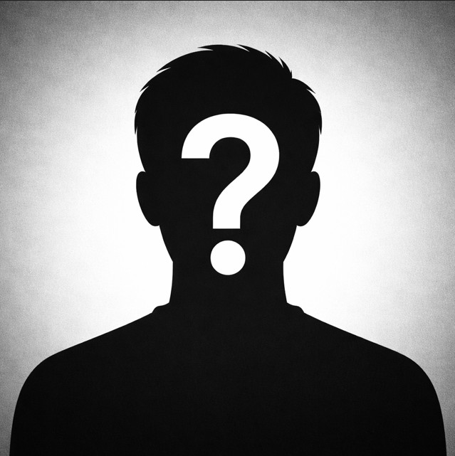 Schwarze Silhouette einer anonymen Person vor grauem Hintergrund, im Gesicht ein großes Fragezeichen als Symbol für Unbekanntheit oder Tätersuche.