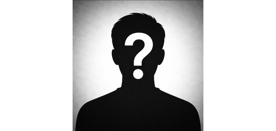 Schwarze Silhouette einer anonymen Person vor grauem Hintergrund, im Gesicht ein großes Fragezeichen als Symbol für Unbekanntheit oder Tätersuche.