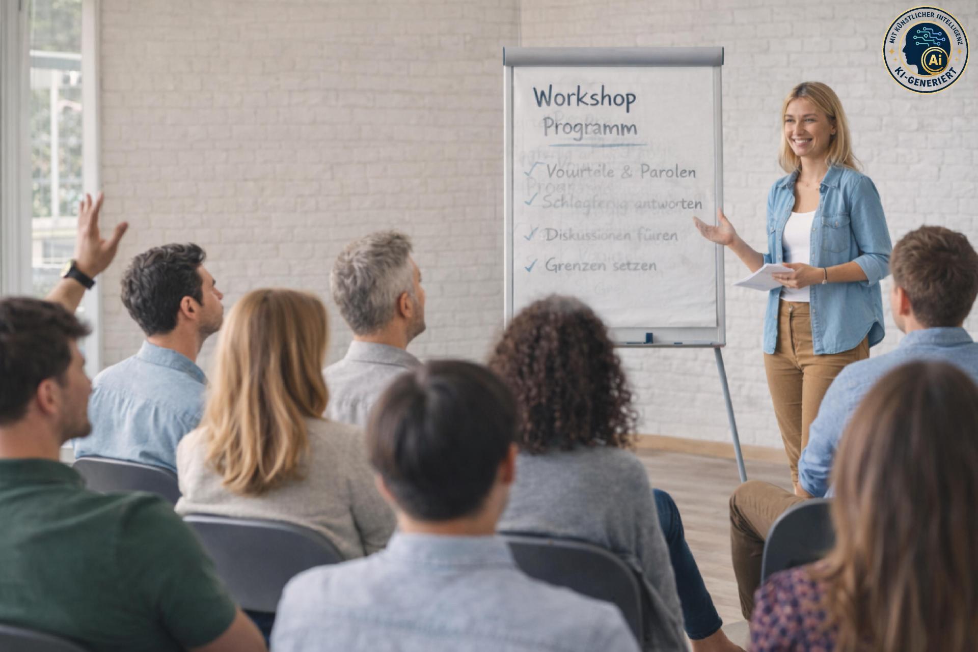 Eine Person steht vor einer Gruppe Teilnehmender und moderiert einen Workshop, neben ihr ein Flipchart mit Stichpunkten, die Teilnehmenden sitzen aufmerksam im Raum.