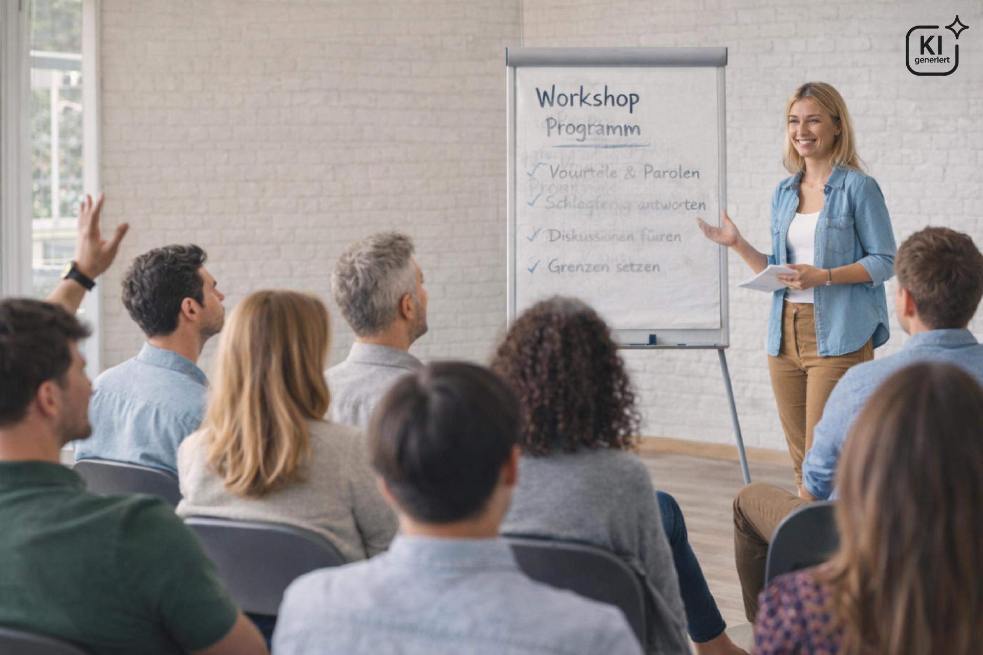 Eine Person steht vor einer Gruppe Teilnehmender und moderiert einen Workshop, neben ihr ein Flipchart mit Stichpunkten, die Teilnehmenden sitzen aufmerksam im Raum.