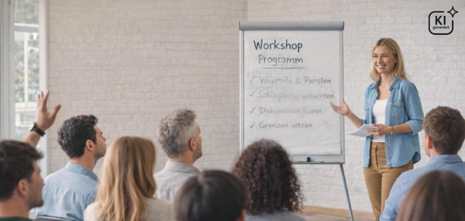 Eine Person steht vor einer Gruppe Teilnehmender und moderiert einen Workshop, neben ihr ein Flipchart mit Stichpunkten, die Teilnehmenden sitzen aufmerksam im Raum.