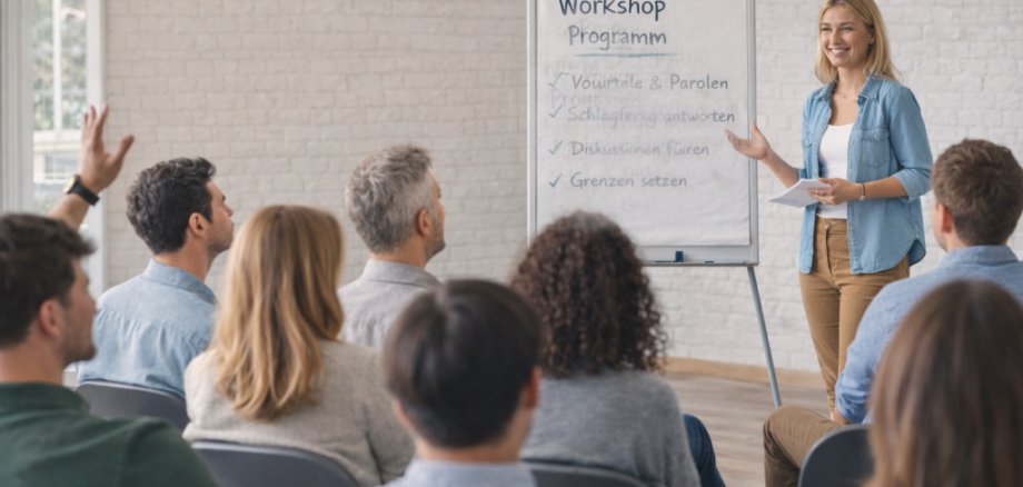 Person steht vor einer Gruppe Teilnehmender und moderiert einen Workshop, neben ihr ein Flipchart mit Stichpunkten, die Teilnehmenden sitzen aufmerksam im Raum.