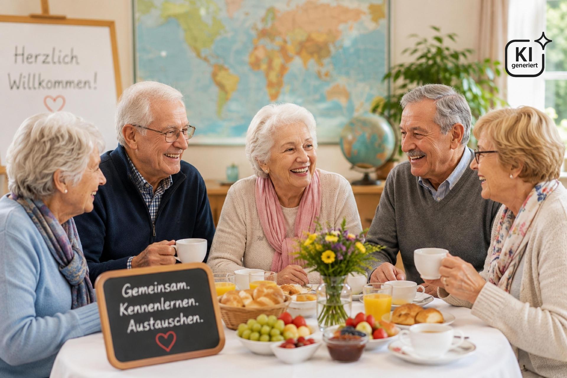 Fünf ältere Menschen sitzen gemeinsam an einem gedeckten Tisch, trinken Kaffee und unterhalten sich. Auf einer Tafel steht: Gemeinsam. Kennenlernen. Austauschen.