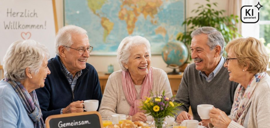 Fünf ältere Menschen sitzen gemeinsam an einem gedeckten Tisch, trinken Kaffee und unterhalten sich. Auf einer Tafel steht: Gemeinsam. Kennenlernen. Austauschen.