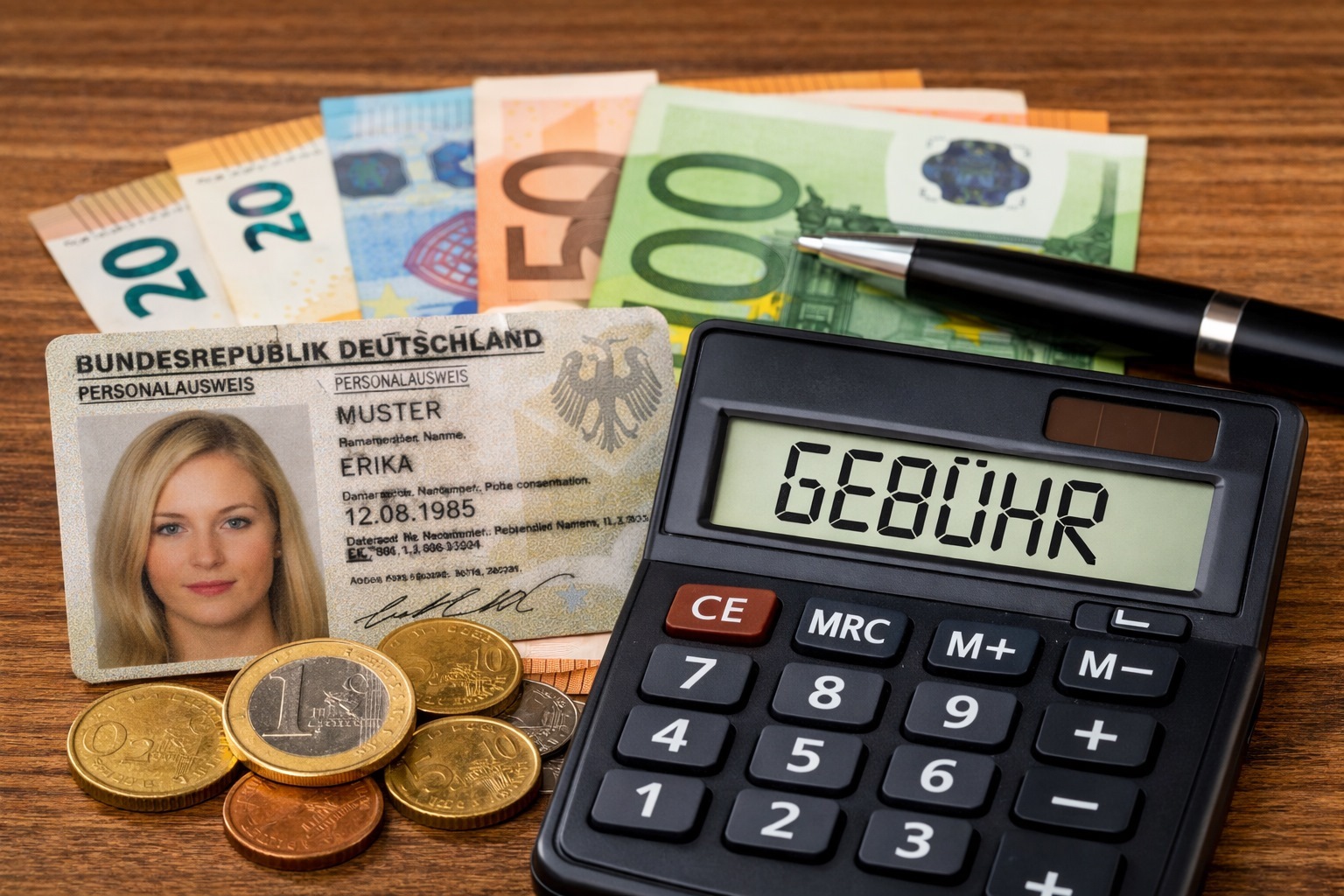 KI-generiertes Bild Personalausweis, Euro-Banknoten und Münzen sowie ein Taschenrechner mit der Anzeige „Gebühr“ als Symbol für anfallende Ausweiskosten.