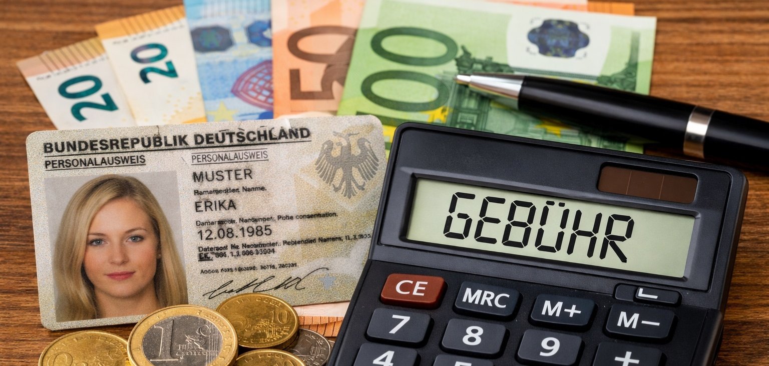 Personalausweis, Euro-Banknoten und Münzen sowie ein Taschenrechner mit der Anzeige „Gebühr“ als Symbol für anfallende Ausweiskosten.