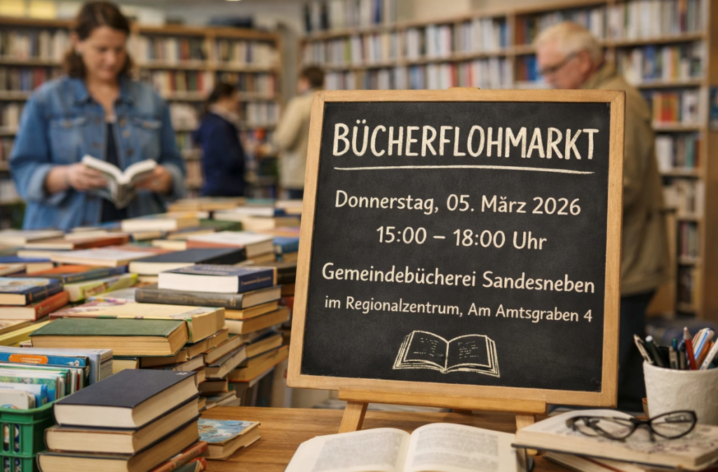KI-generiertes Bild Bücherflohmarkt: Donnerstag, 05. März 2026, 15:00–18:00 Uhr, Gemeindebücherei Sandesneben im Regionalzentrum, Am Amtsgraben 4.