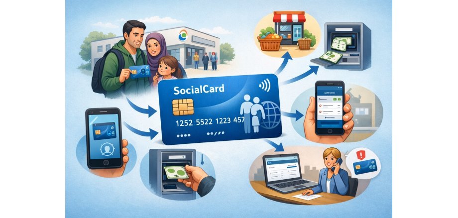 Symbolgrafik zur Einführung der SocialCard: Asylbewerberfamilie hält eine Bezahlkarte; Symbole zeigen Einsatz im Geschäft, am Geldautomaten sowie per App/Online-Portal und Unterstützung durch das Sozialamt.