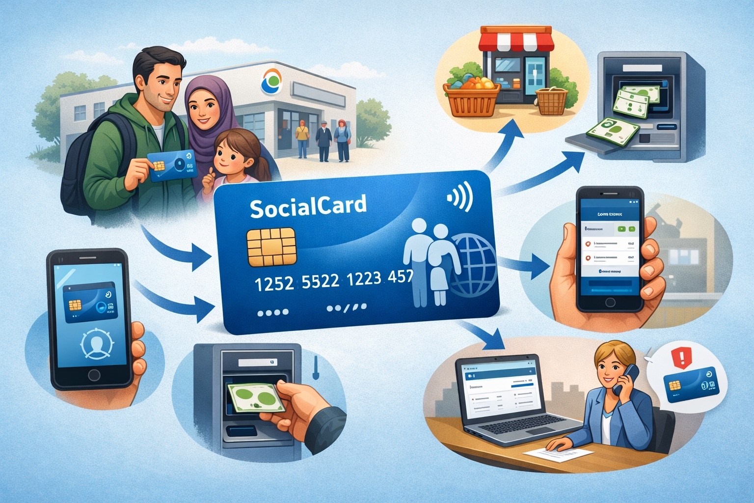 KI-generiertes Bild Symbolgrafik zur Einführung der SocialCard: Asylbewerberfamilie hält eine Bezahlkarte; Symbole zeigen Einsatz im Geschäft, am Geldautomaten sowie per App/Online-Portal und Unterstützung durch das Sozialamt.
