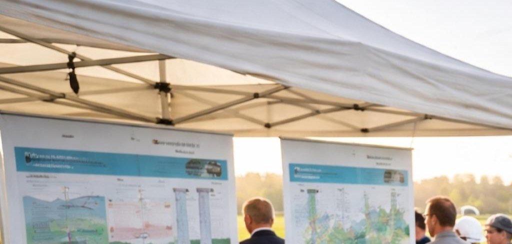 Ein Mitarbeiter eines Energieunternehmens erläutert zwei Bürgern bei einer Informationsveranstaltung im Freien anhand einer Karte den geplanten Verlauf einer Stromtrasse. Im Hintergrund sind Informationstafeln, Hochspannungsleitungen und Windenergieanlagen zu sehen.